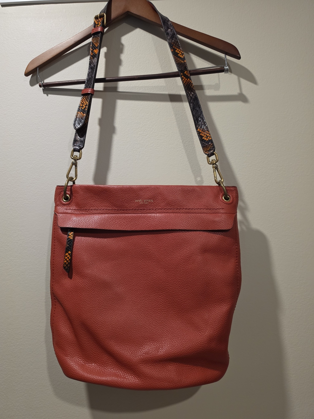 Henri Bendel Red Pebbled Leather Slouchy Hobo Bag Snake Print Strap